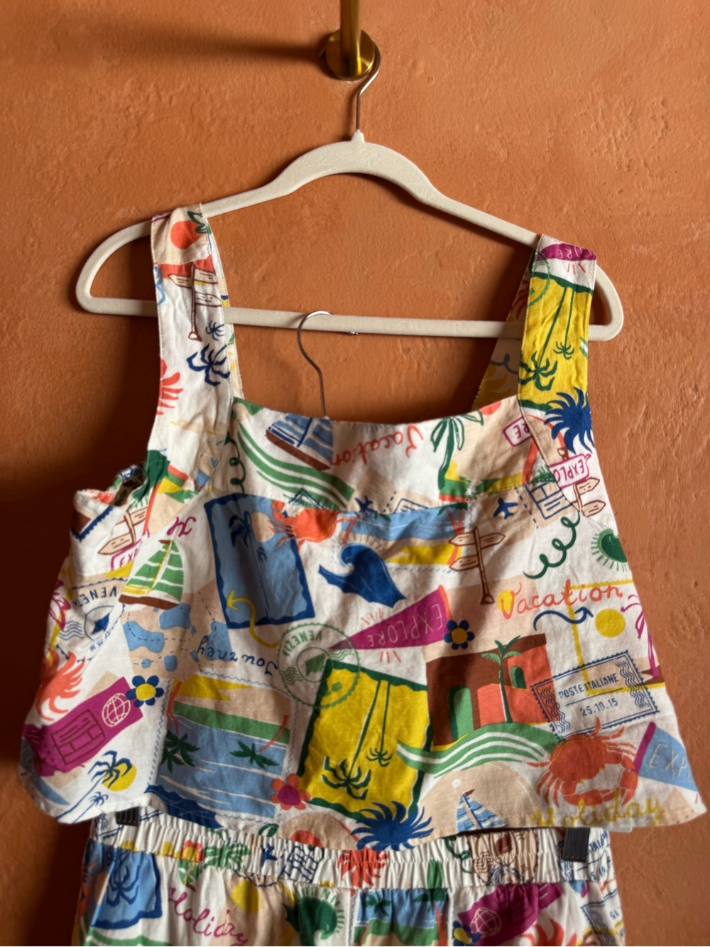 GOA Beachwear by Japna Linen Blend Vacation Print Crop Top Wide Leg Pants Set L - Picture 2 of 8